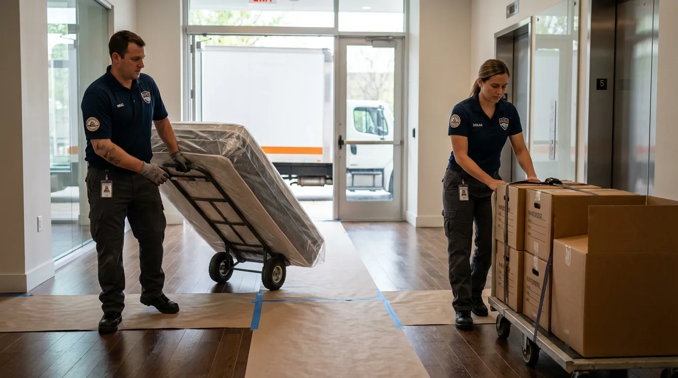 Professional apartment movers loading elevator in Griffin, GA