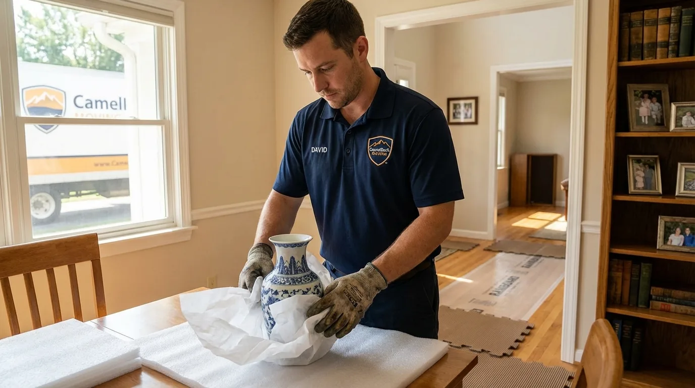 Professional crew carefully wrapping antique vase for senior downsizing move in Griffin, GA
